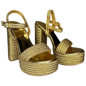 Jeffrey Campbell Yachty Gold Metallic Raffia Platform sandal Heels, size 7.5